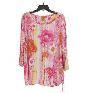 Ruby Rd Woman Floral Top Womens Size 2X Pink Yellow White Orange Ruched Side Tie